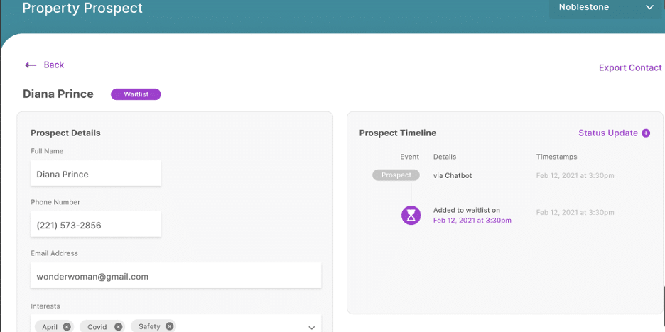 Dashboard view of a prospect who has joined a property waitlist