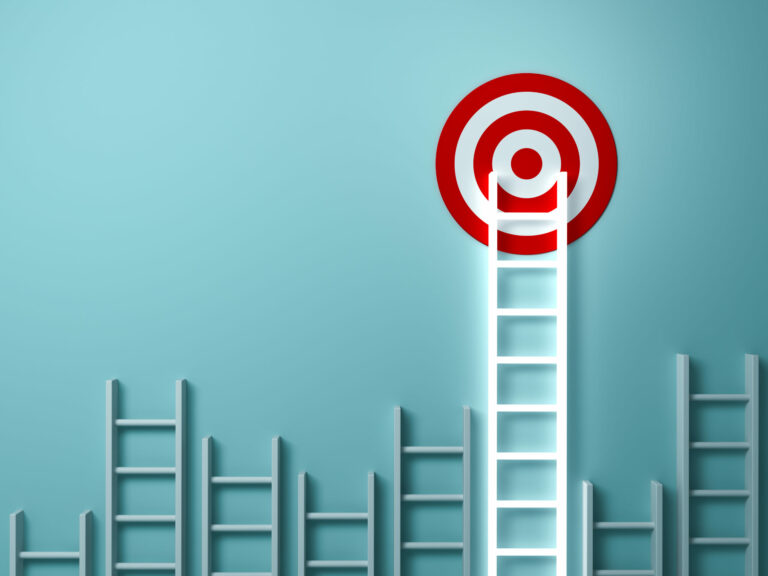 Stand out from the crowd and different creative idea concepts using ladders stretching out to reach the target goal