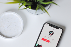 A white table with a plant sitting on it next to a phone showing the TikTok app icon