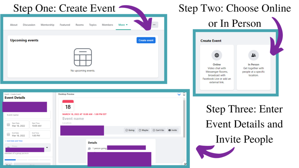 Screenshot showing how to create a Facebook group event