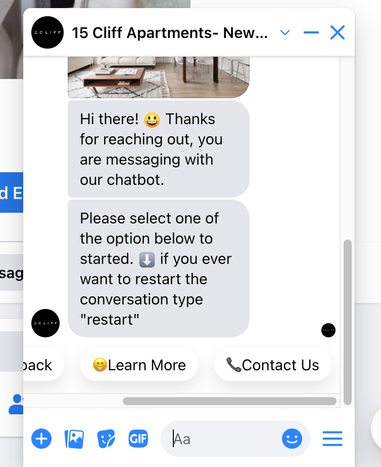 Screenshot of an apartment chatbot answering a Facebook Message
