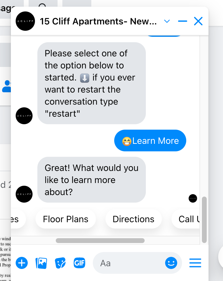 Screenshot of Facebook Messenger conversation between a prospect and an Apartment Chatbot