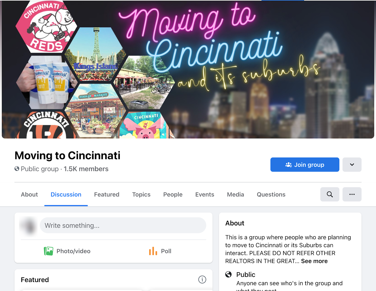 Screenshot of the Moving to Cincinnati Facebook Group Page