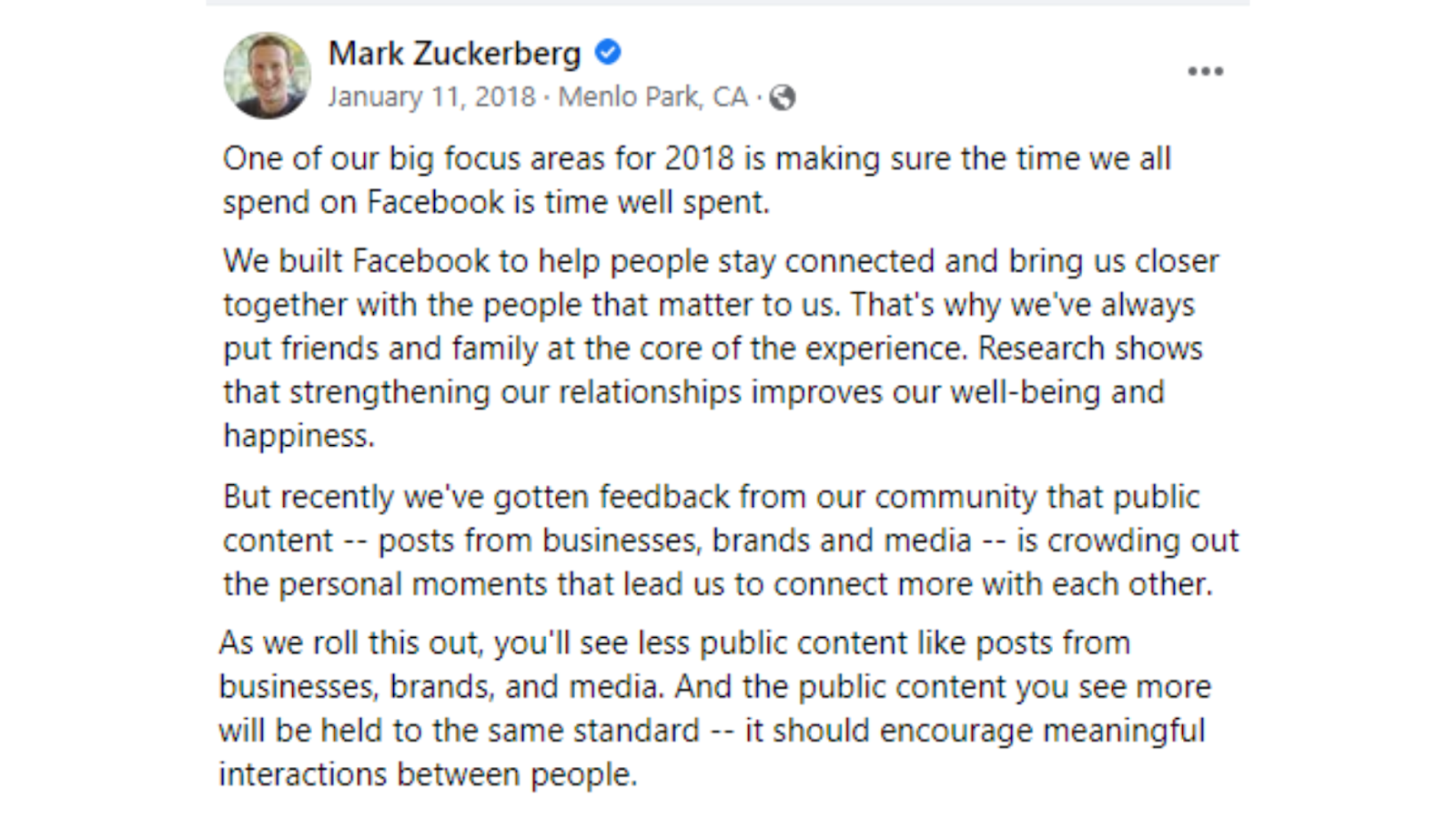 Screenshot of Mark Zuckerberg making a facebook post regarding business Facebook pages.
