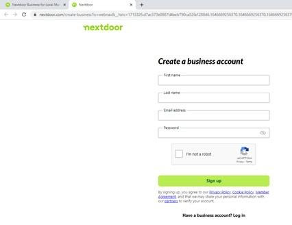 Screenshot of the Create a Business Account page on Nextdoor