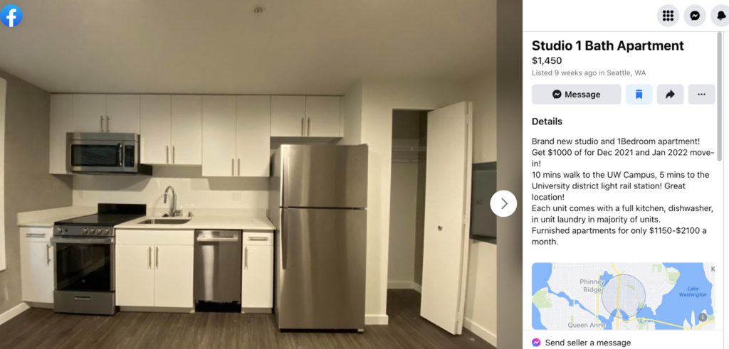 Screenshot of a leasing manager posting to a Seattle housing rentals Group advertising an available unit
