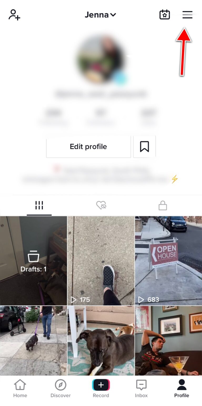 Screenshot of TikTok edit profile account setting and red arrow showing navigation