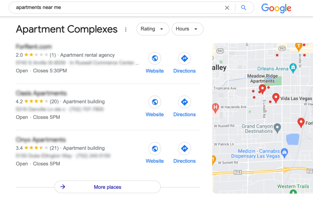Screenshot showing apartments near me results in Google Business Profile