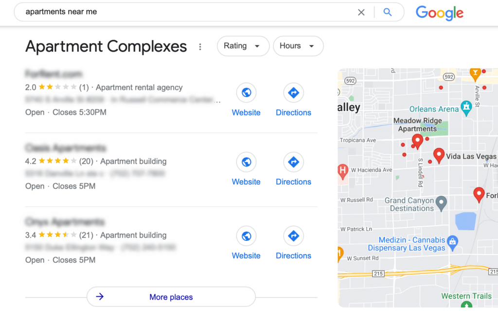 Screenshot showing apartments near me results in Google Business Profile