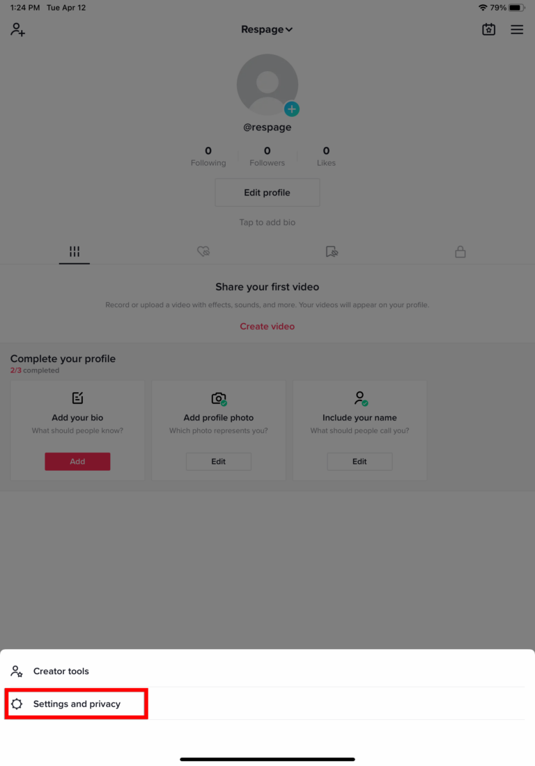 Screenshot of TikTok account selecting settings and privacy