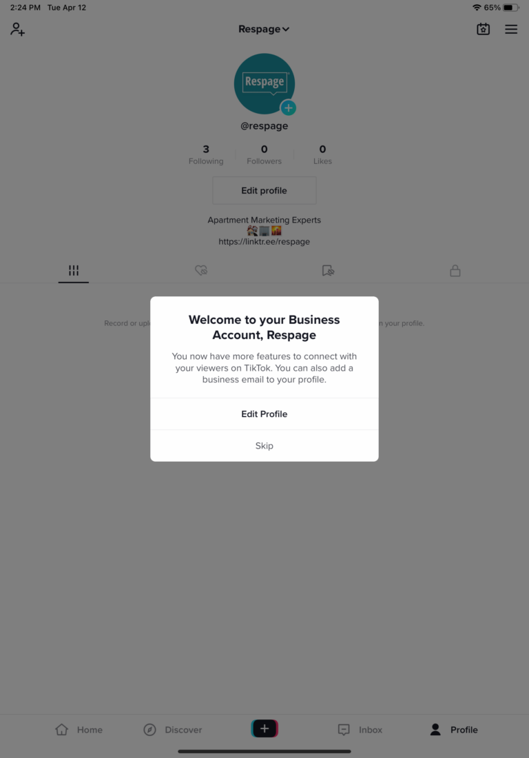 Screenshot of Respage business account set up completed on TikTok