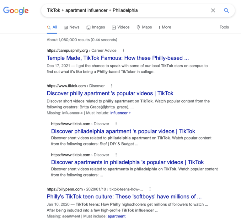 Google search screenshot of how to find a TikTok influencer in your city