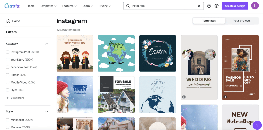 Screenshot of Canva, a photo editing website featuring Instagram templates