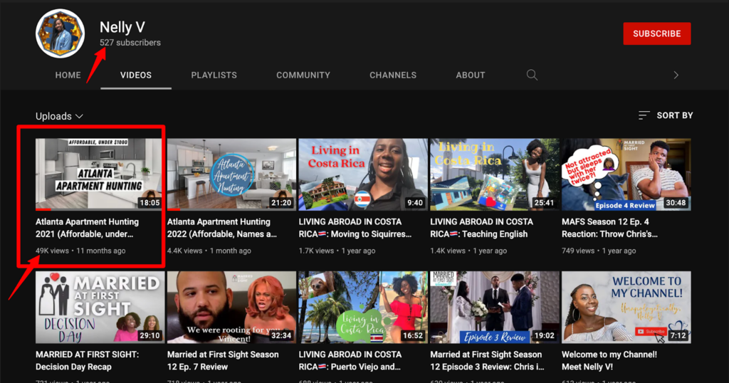 Screenshot showing Nelly V’s Youtube Video Uploads