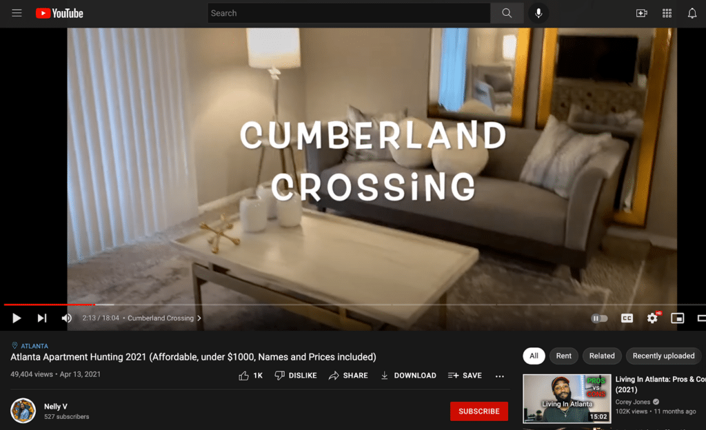 Screenshot of Nelly V’s Atlanta Apartment Hunting Youtube Video