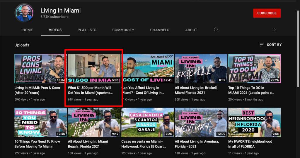 Screenshot of the Living in Miami Youtube channel