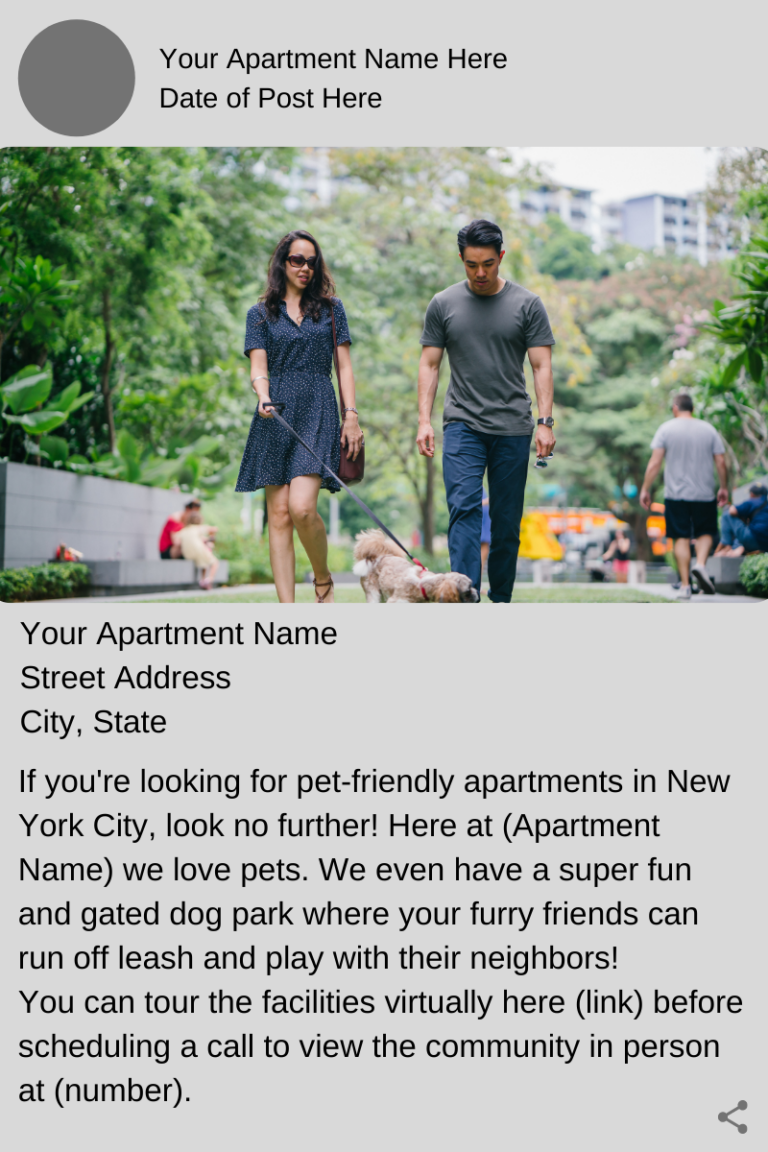 Screenshot showing a Google Business Profile post about pet-friendly apartments