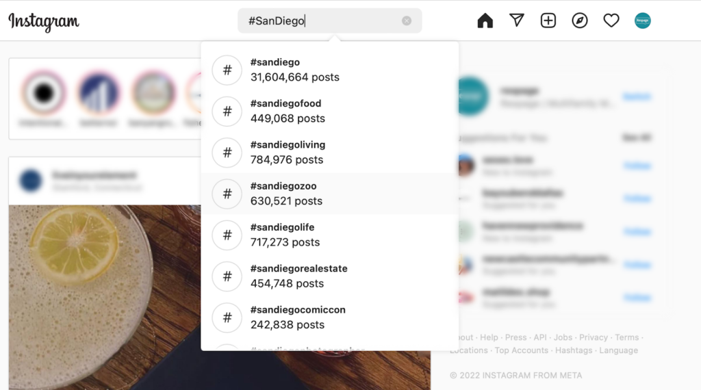 Desktop screenshot of a list of hashtag options to add to your post