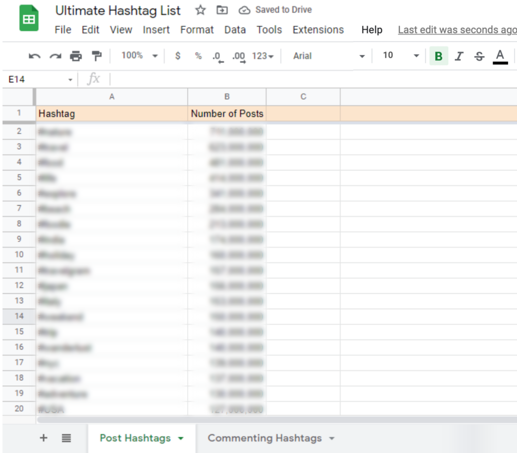 Screenshot of a Sheets document titled Ultimate Hashtag list