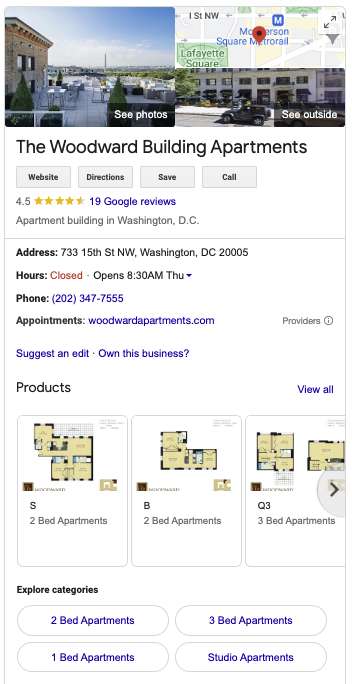 A screenshot of the Google Business Profile of The Woodward Building Apartments, showcasing apartment floor plans.