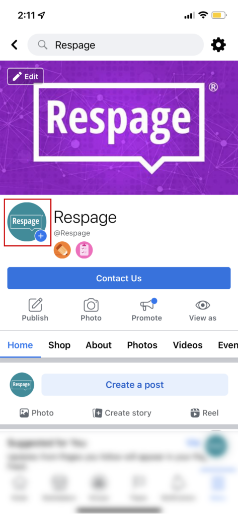 Screenshot of Respage Facebook account indicating how to start creating a story