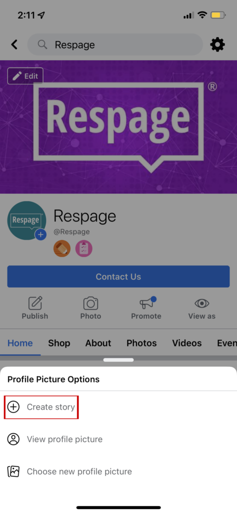 Screenshot of Respage Facebook account highlighting the icon to create story