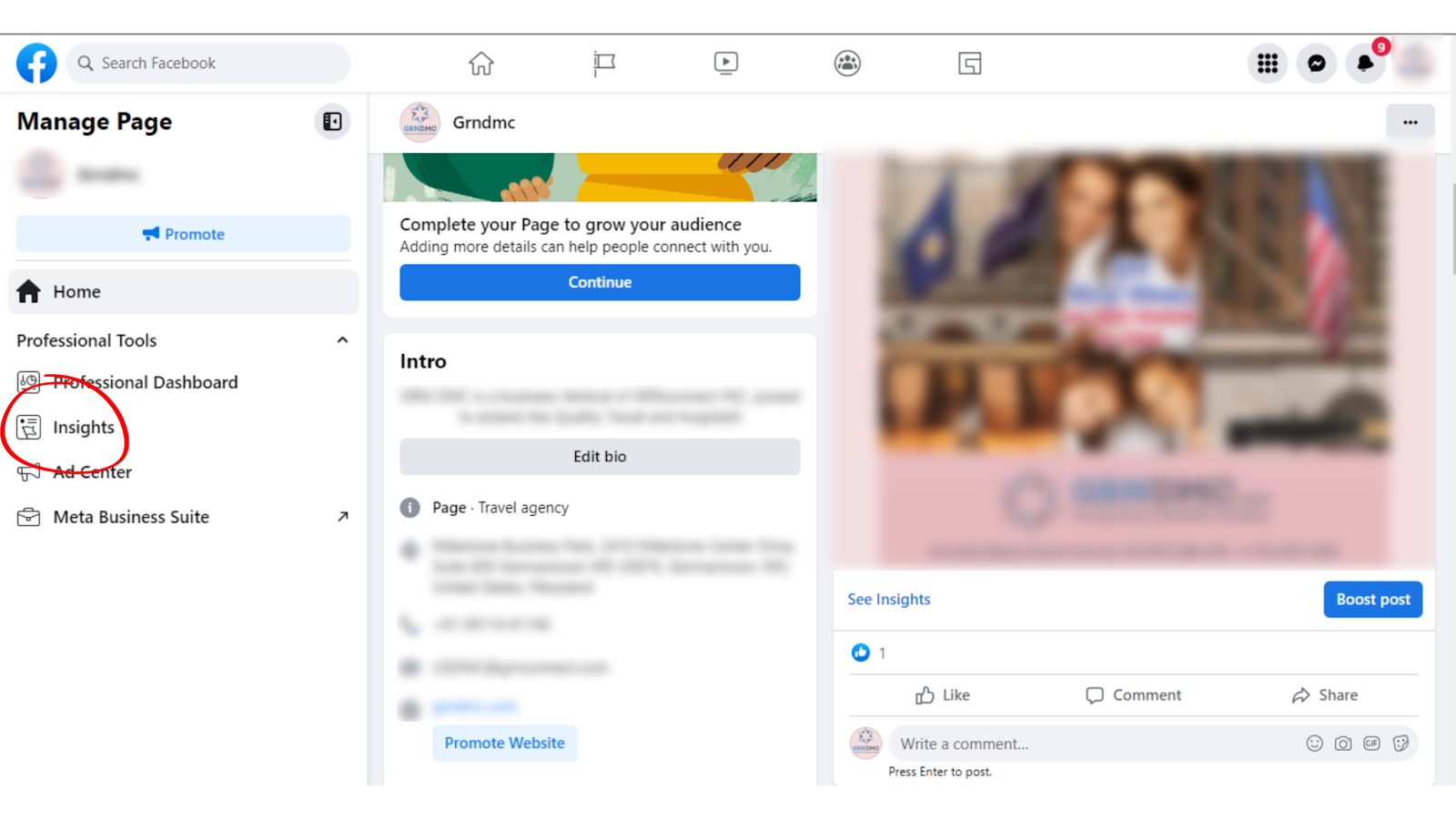 A screenshot showing access to Facebook pages
