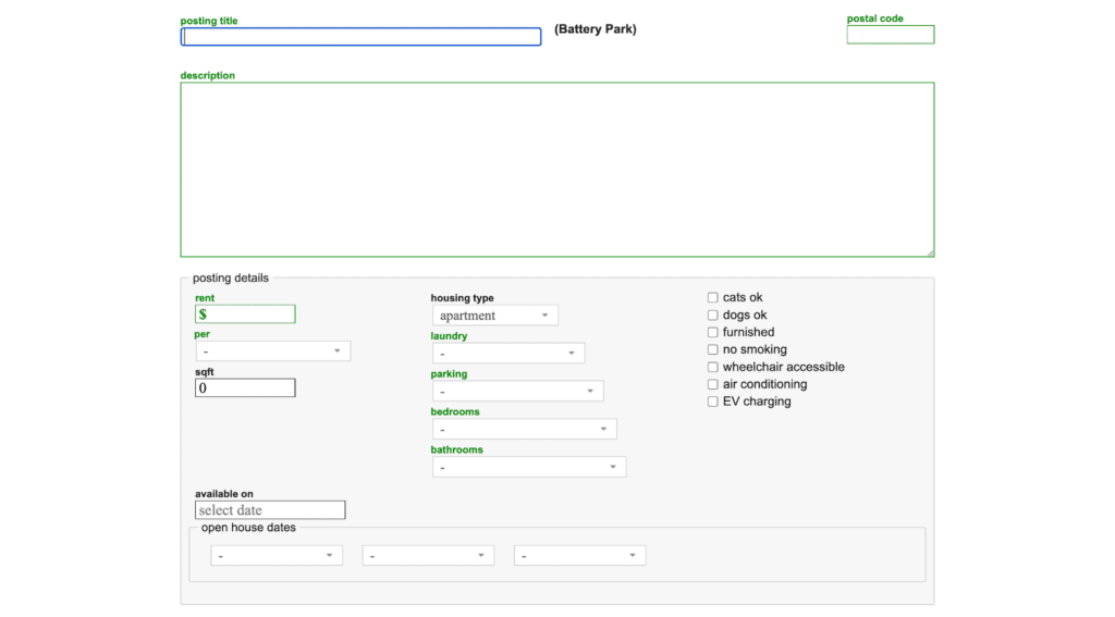 Screenshot of the rental details section of a Craigslist account being set up