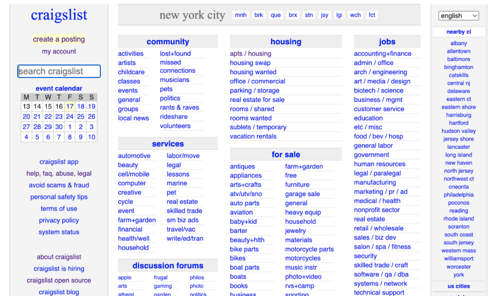 Account menu of Craigslist showing all the categories to create a post