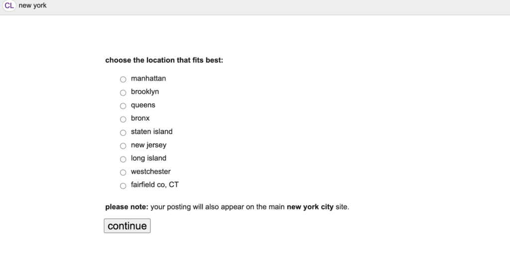 List displaying areas in New York to choose a location for your rental property