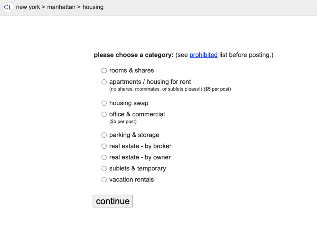 A dropdown menu of the different types of rental categories on Craigslist