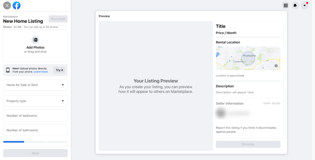 Facebook Marketplace preview window listing for a new home