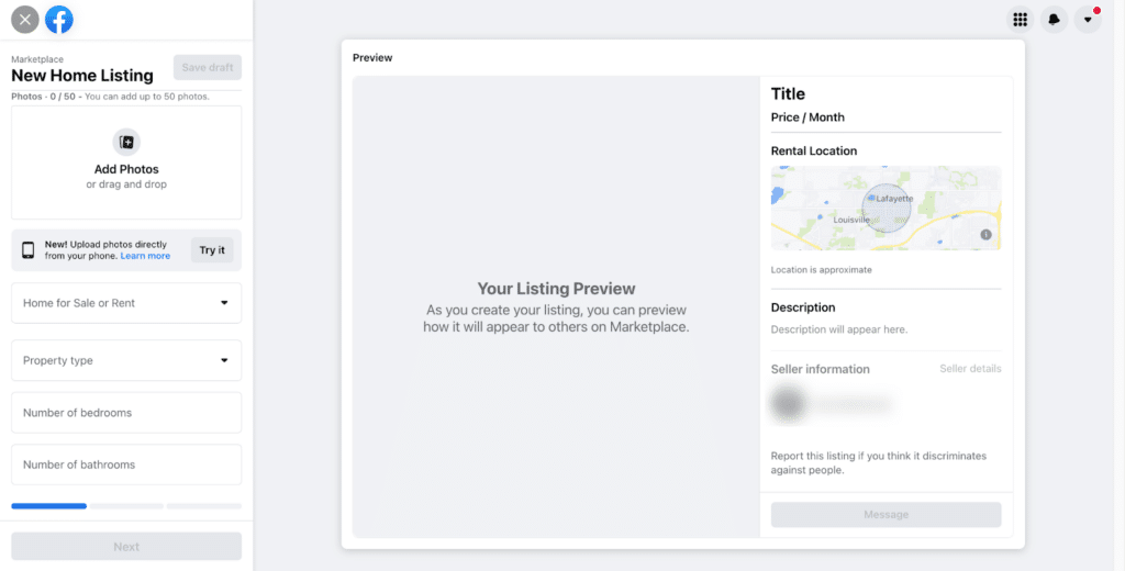 Facebook Marketplace preview window listing for a new home