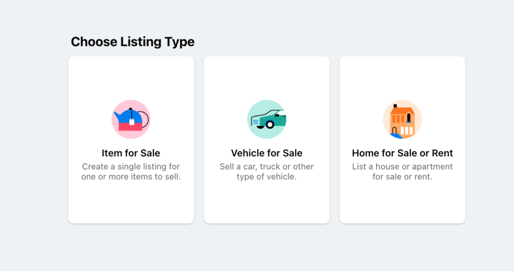 Window prompting you to choose what type of listing you want to create on Facebook Marketplace