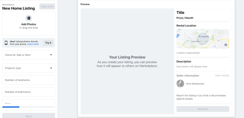 Facebook Marketplace new home listing preview page 