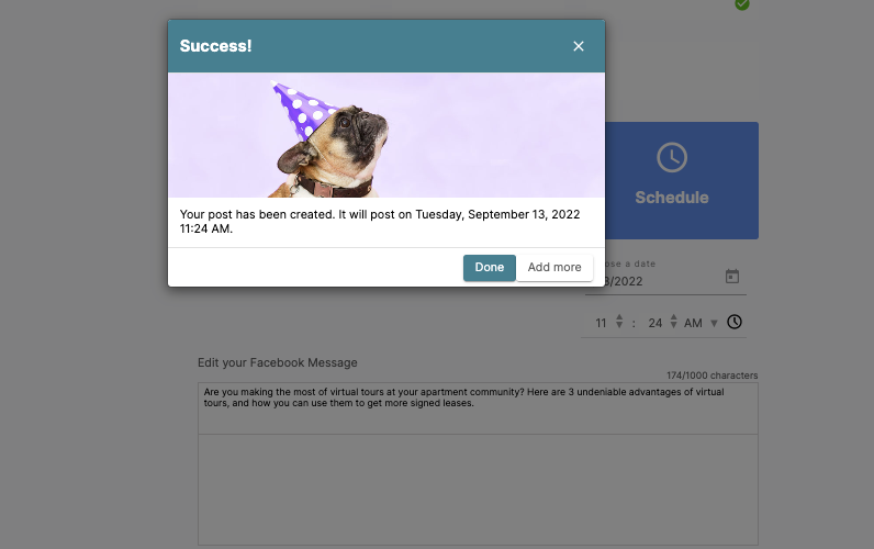 Screenshot of a confirmation message following a scheduled post on the Respage social calendar