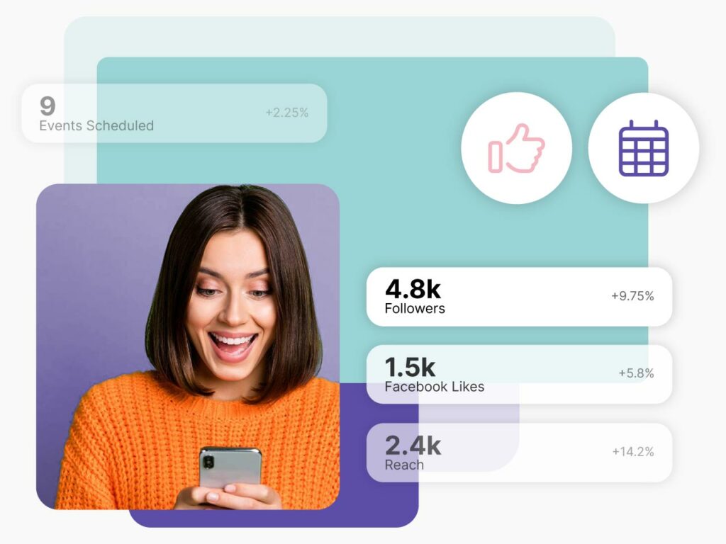 Graphic showing social media management and event and amenity scheduling