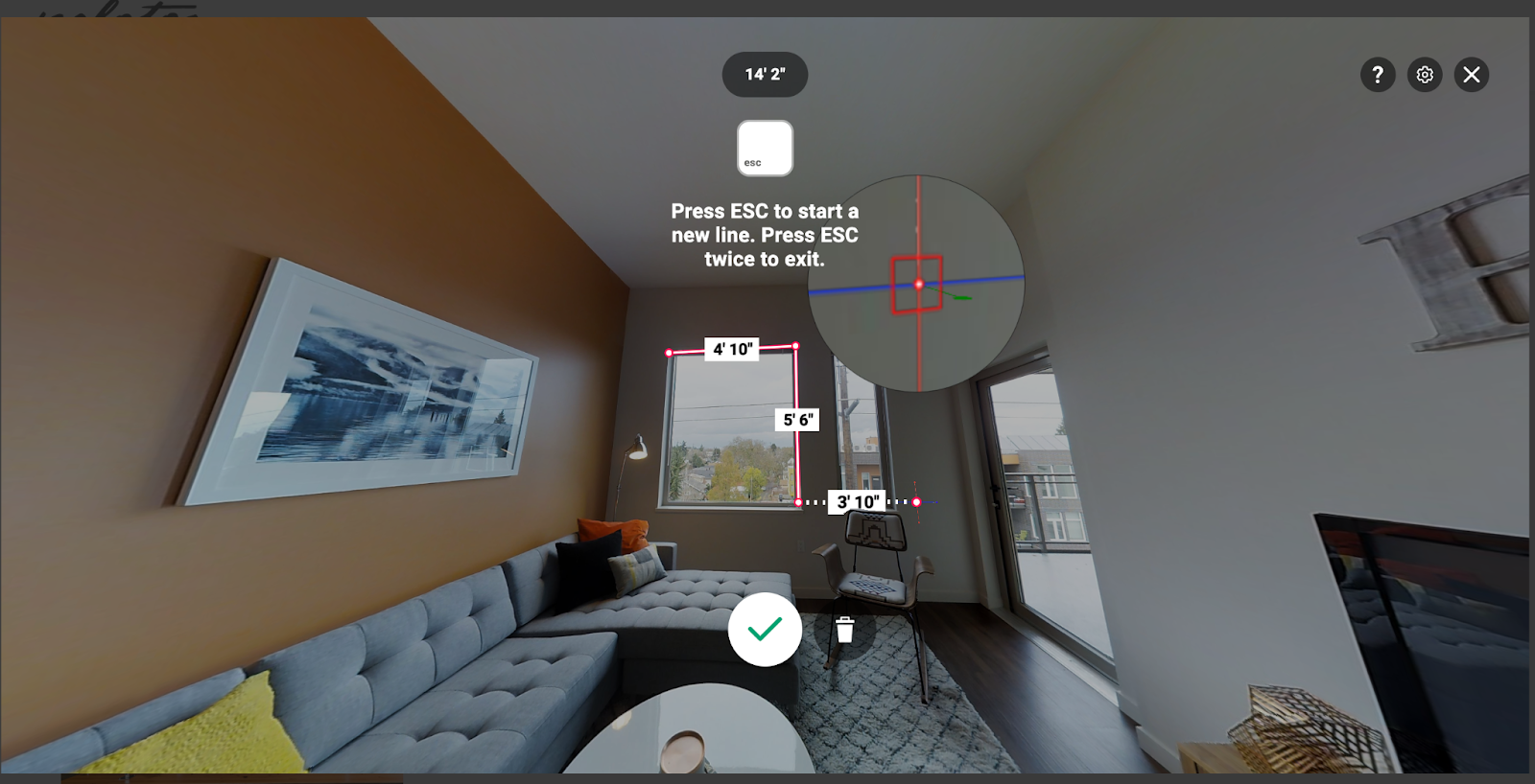 a screenshot of a #D virtual tour in which the viewer can measure aspects of the apartment unit from video renderings