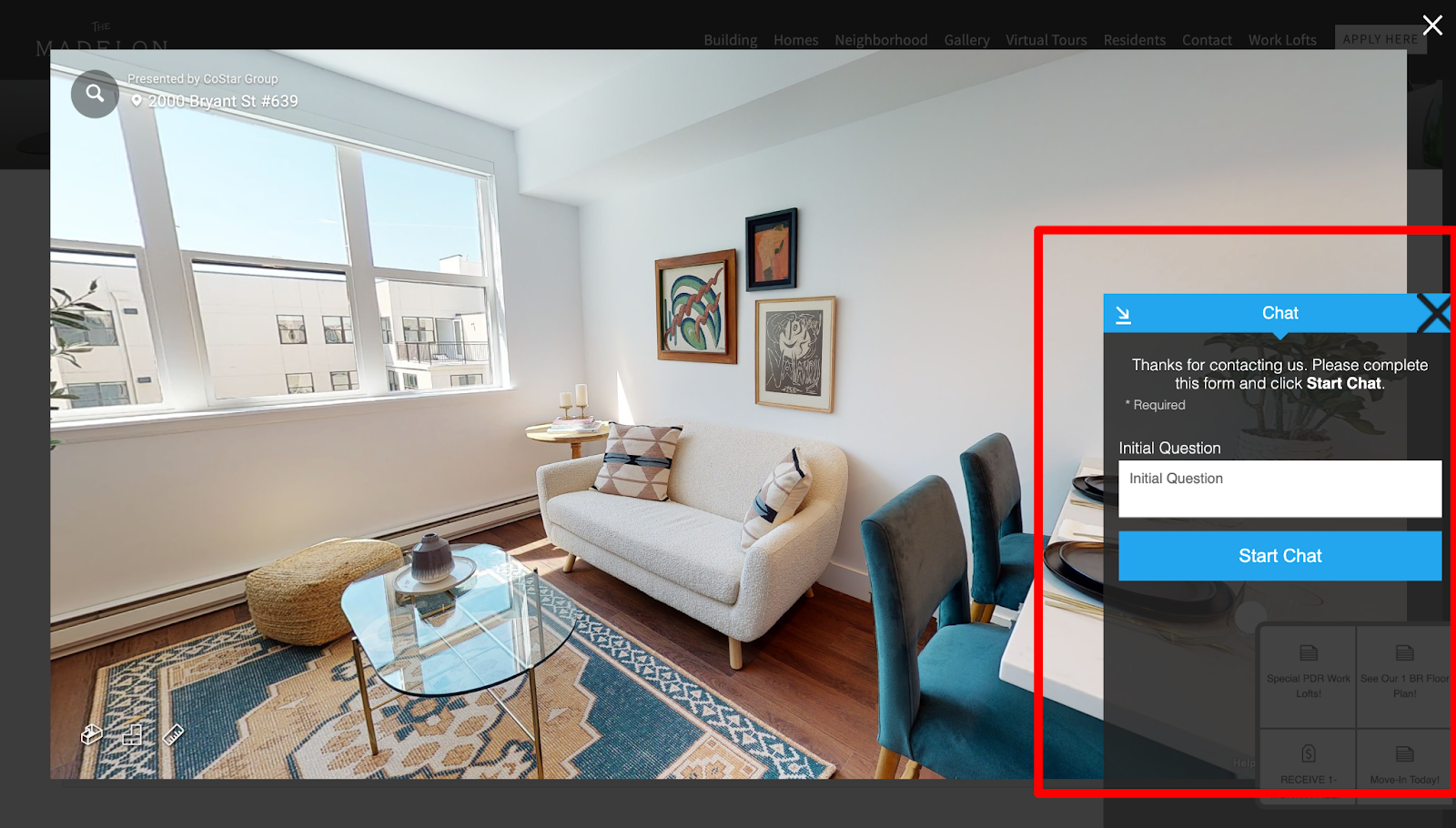 A screenshot of a virtual tour that includes a call to action from a website chatbot.