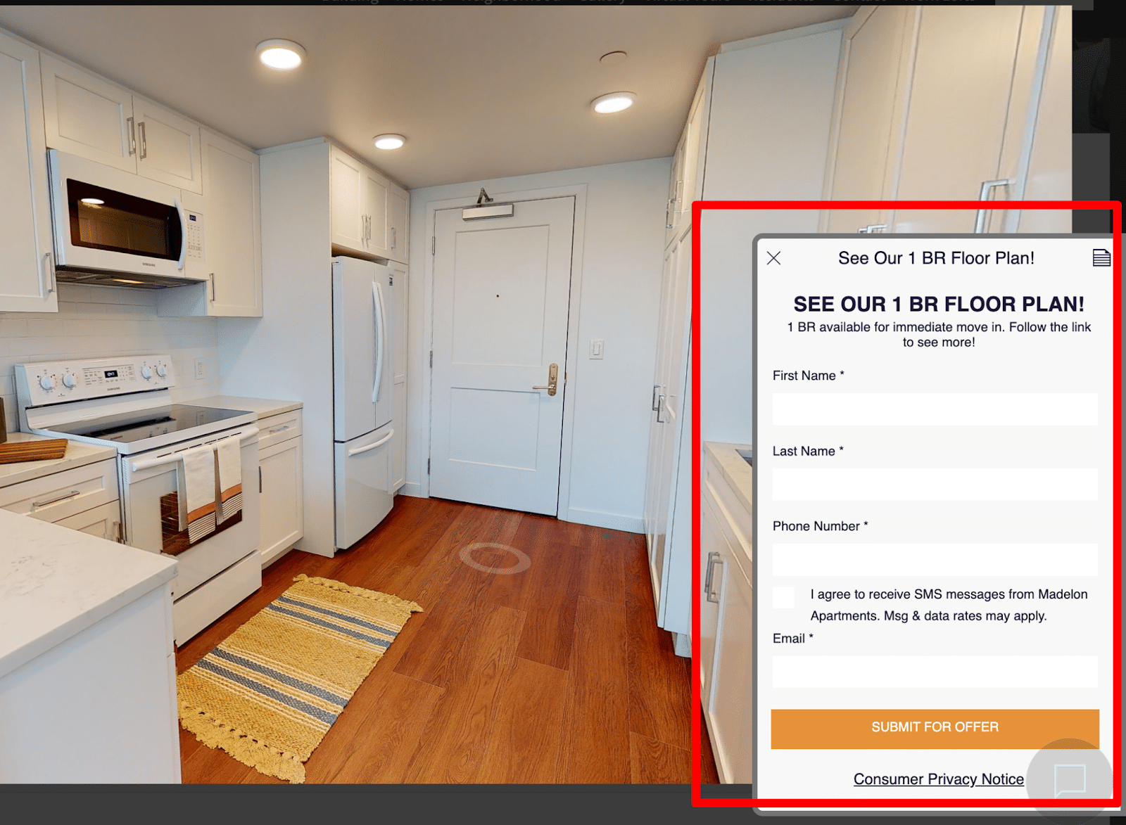 A screenshot of an apartment pop-up on a virtual tour