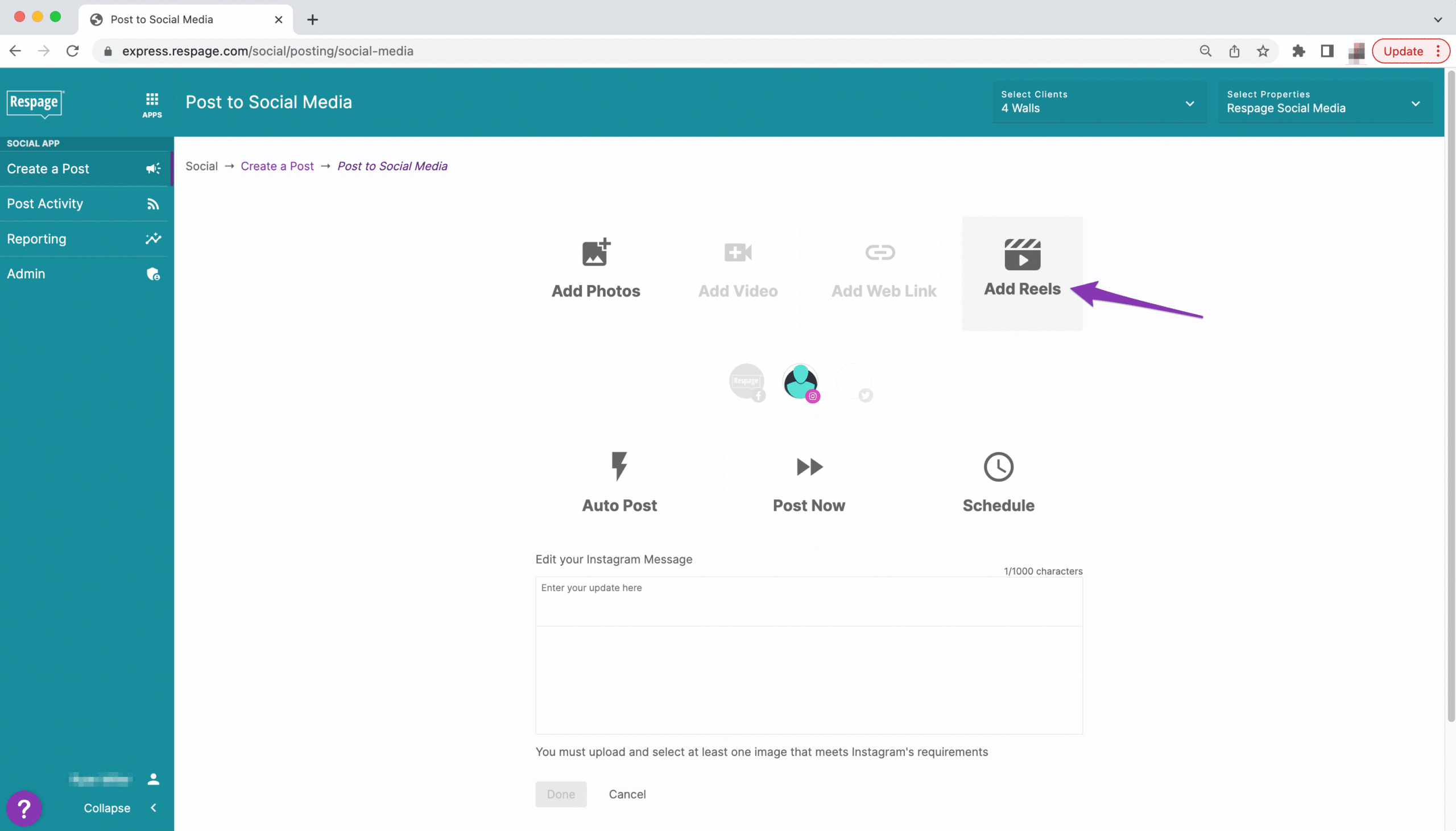 A screenshot of the Respage social dashboard highlighting the new Instagram Reels option