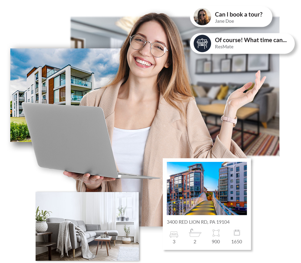 Woman with a laptop standing among photos of apartments