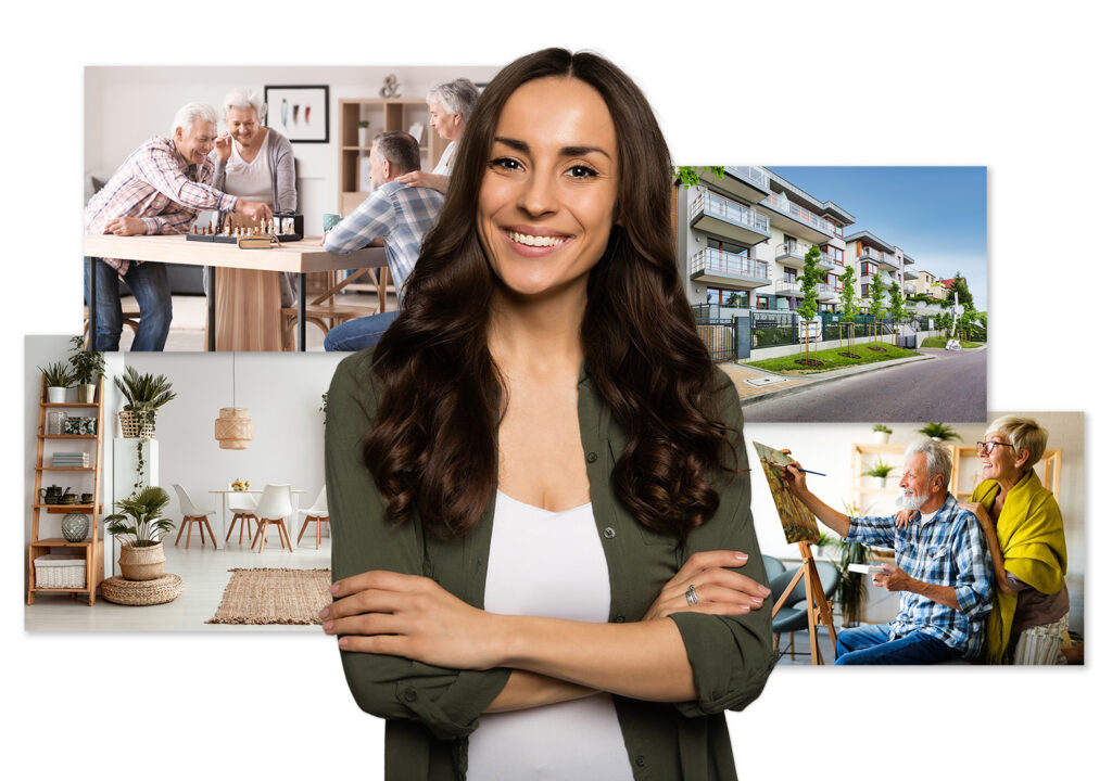 Woman standing in front of a montage of property photos