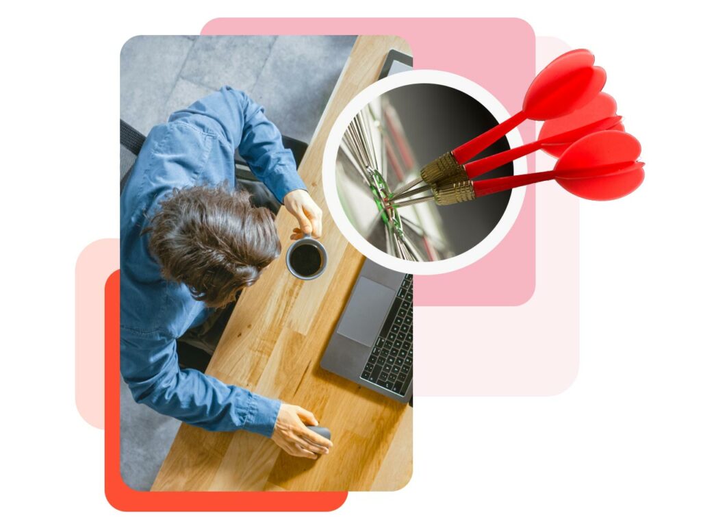 Montage of a marketing professional clicking a mouse and three darts hitting a bullseye