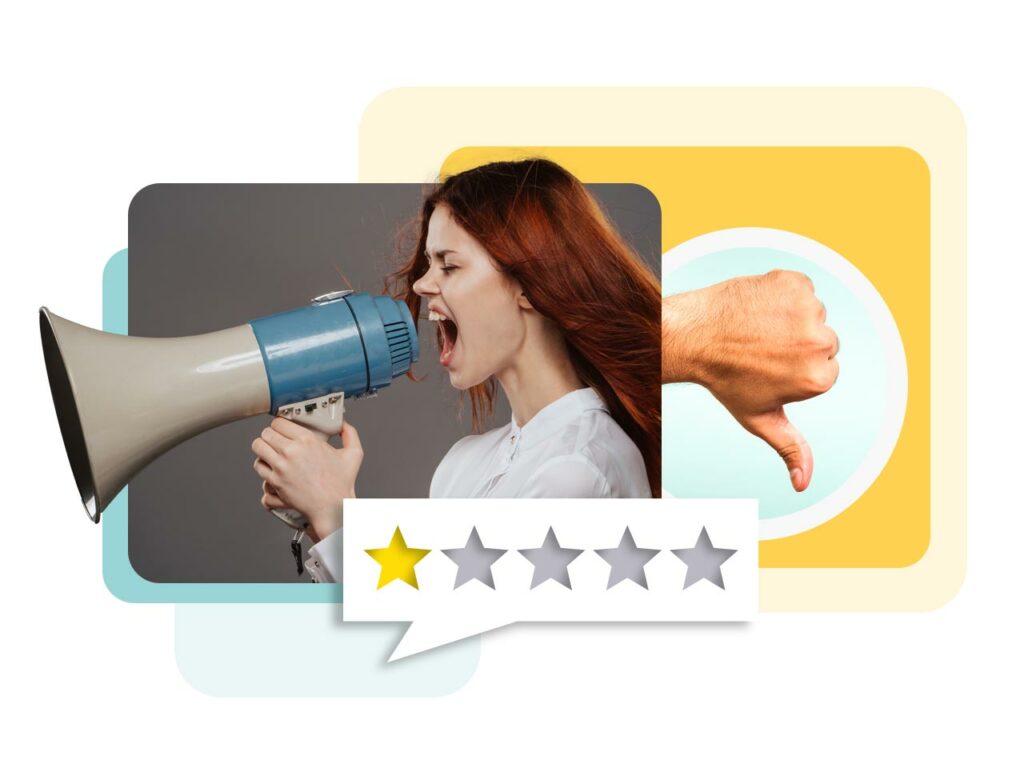 Montage of a woman angrily shouting into a megaphone, a hand giving a thumbs-down, and a 1 star review