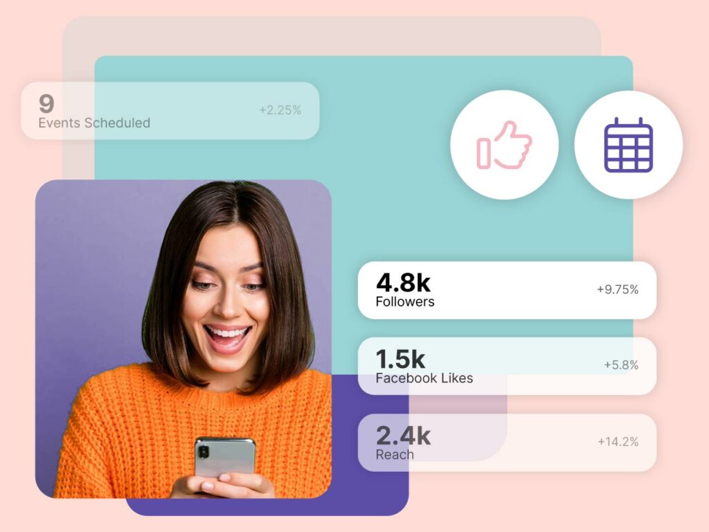 Graphic showing social media management and event and amenity scheduling