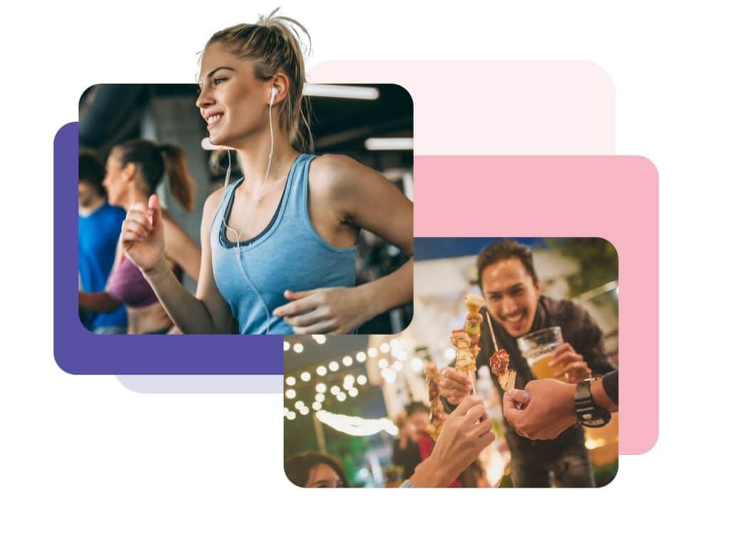 Montage of a woman on a treadmill and friends sharing food at a dinner