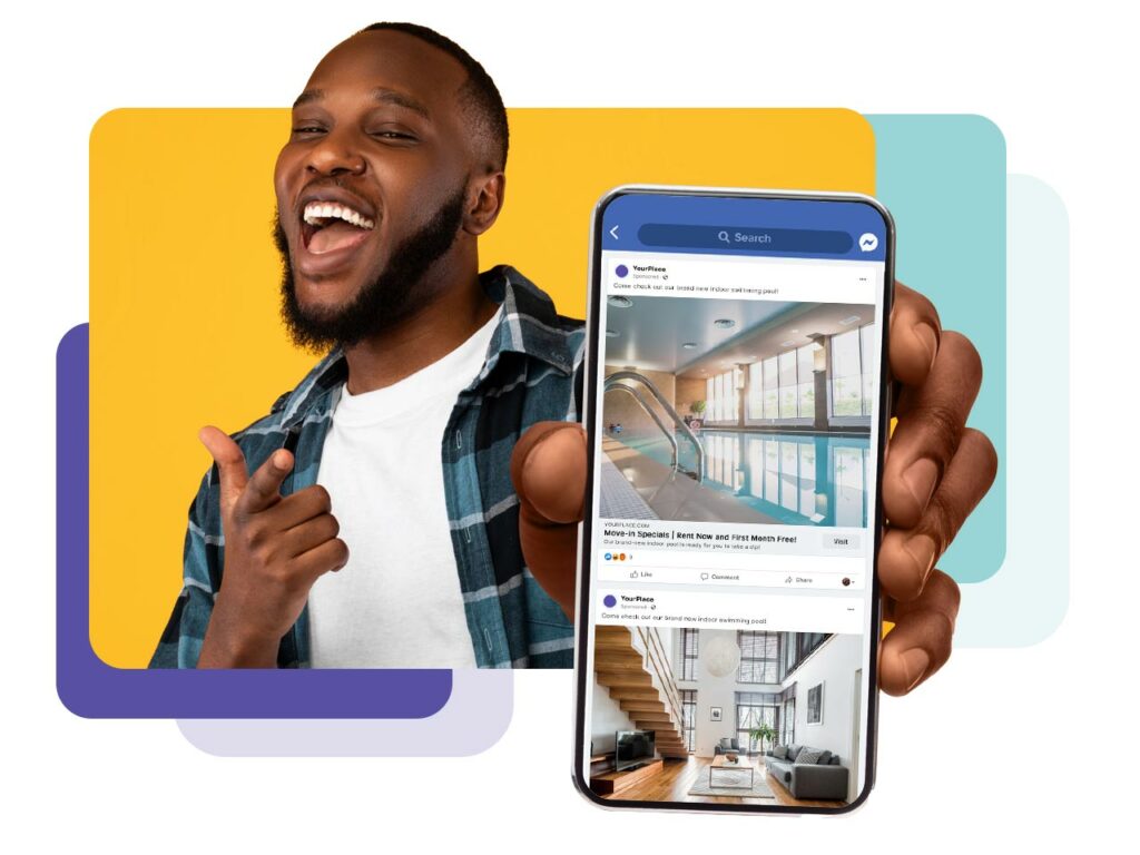 Man holding his cellphone towards the camera showing Facebook ads