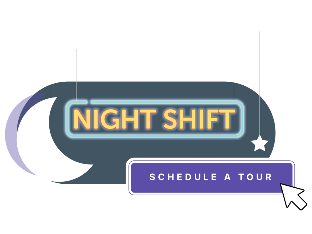 Illustration showing a night shift sign and tour schedule button to demonstrate after hours functionality with ResMate