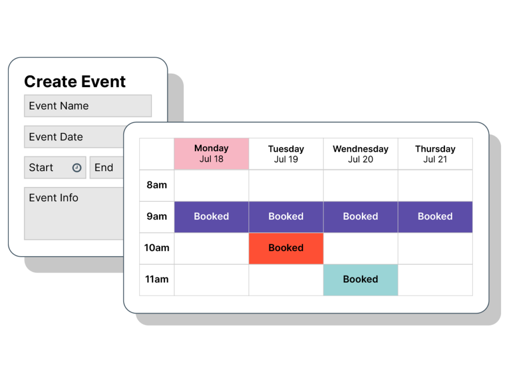 Illustration showing an event creation form and booking calendar